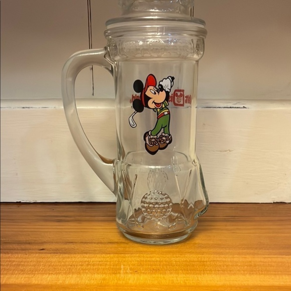 Walt Disney World Golf Mickey Mouse Glass Mug with Handle and Lid